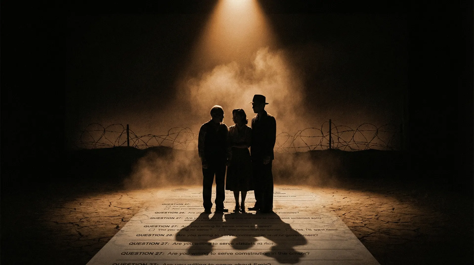 Three silhouetted figures under a spotlight behind barbed wire, standing on a loyalty questionnaire